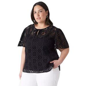 Black Eyelet Lace Tie Neck Top NWT